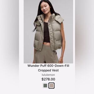 Lululemon Peloton Warm Ash Grey Wunder Puff 600-Down-Fill Cropped Vest Sz 10 NWT